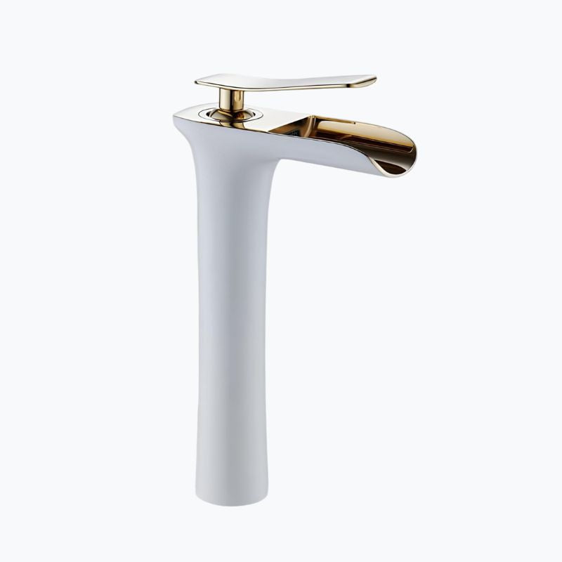Robinet vasque en laiton - mitigeur à bec cascade, design moderne - Blanc et or