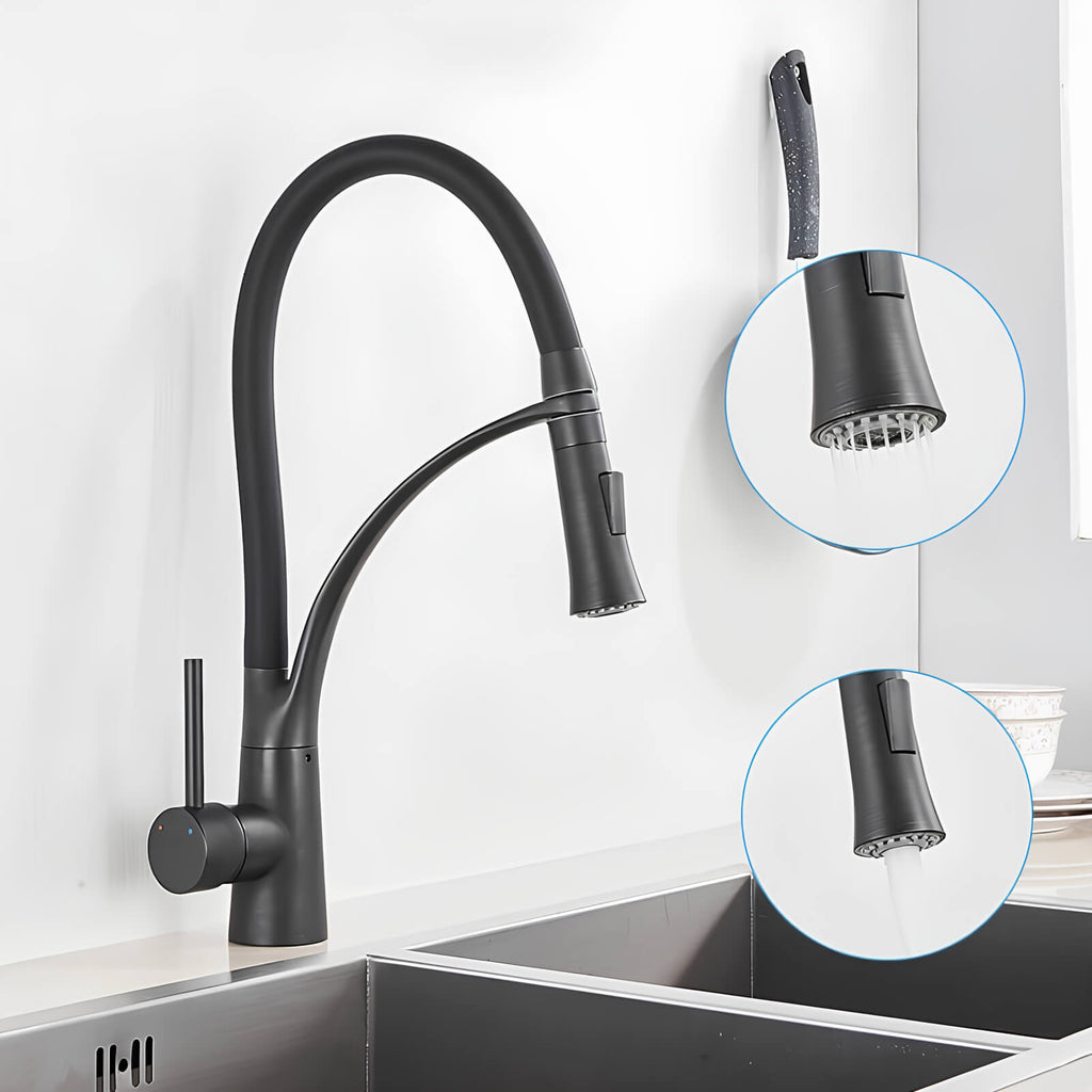 Robinet cuisine en laiton - mitigeur avec douchette extractible et bec orientable - Gris brossé
