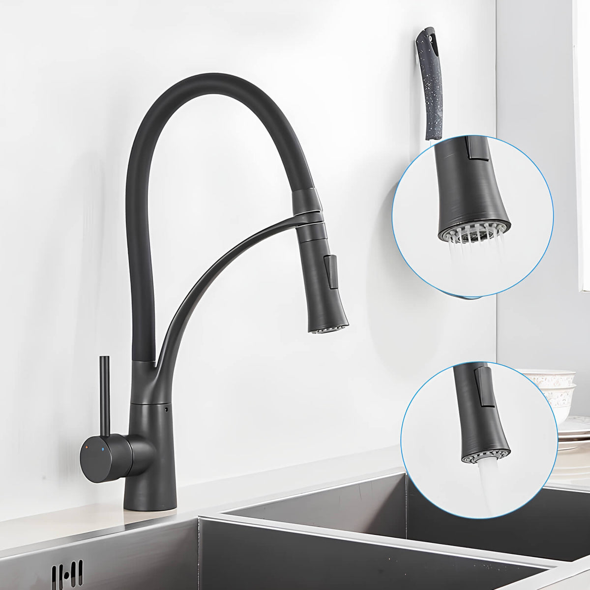 Robinet cuisine en laiton - mitigeur avec douchette extractible et bec orientable - Gris brossé