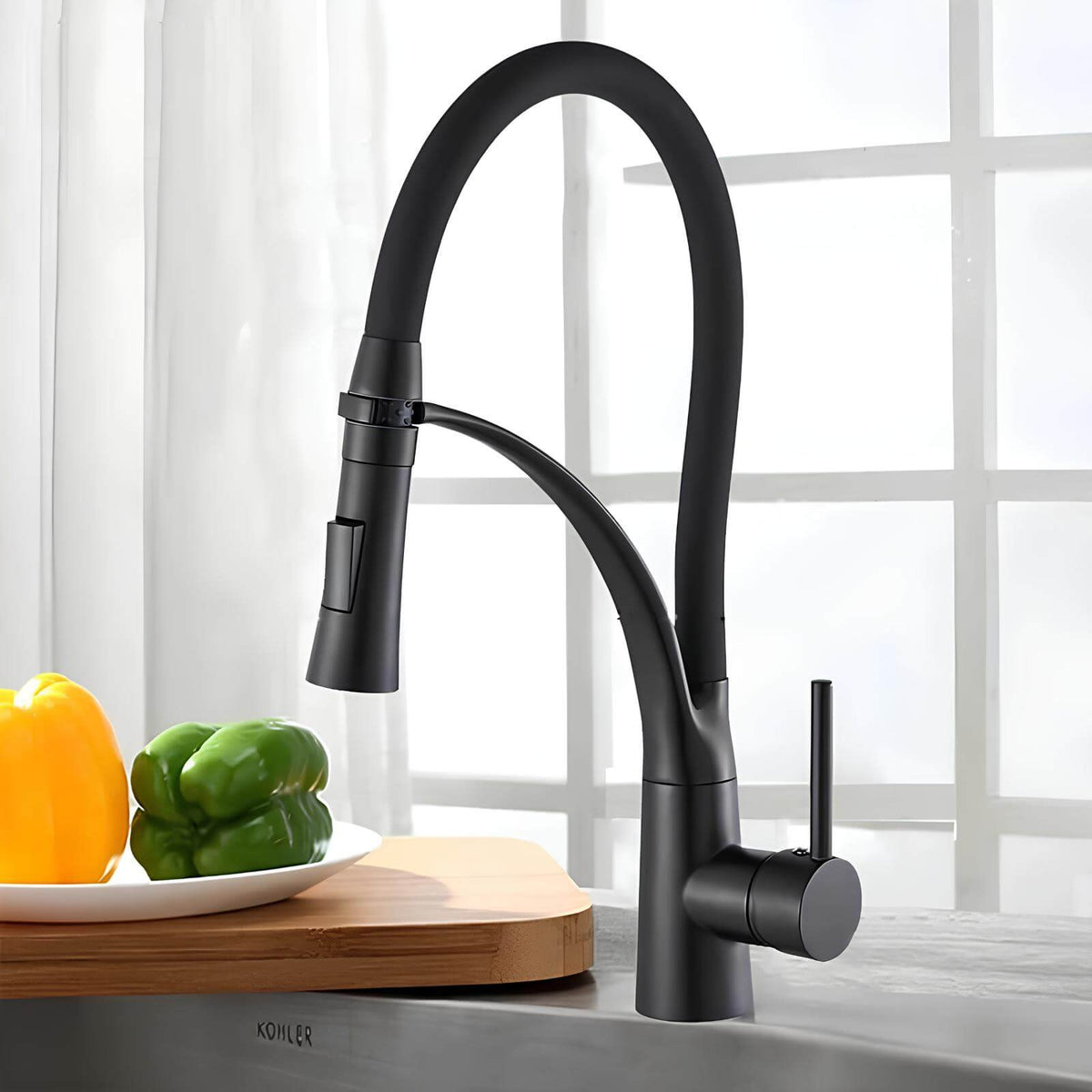 Robinet cuisine en laiton - mitigeur avec douchette extractible et bec orientable - Gris brossé