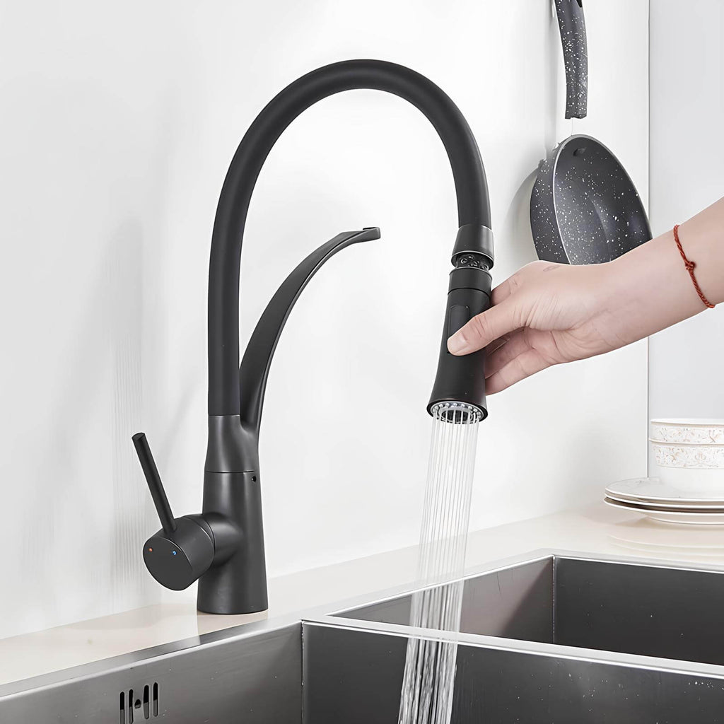 Robinet cuisine en laiton - mitigeur avec douchette extractible et bec orientable - Chrome