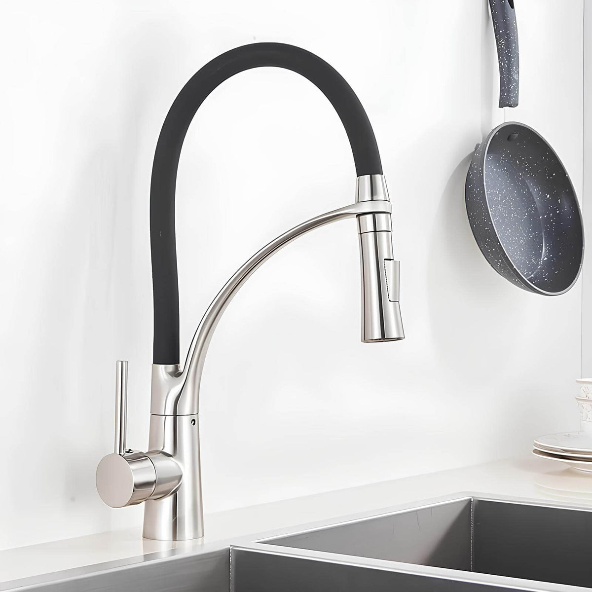 Robinet cuisine en laiton - mitigeur avec douchette extractible et bec orientable - Noir