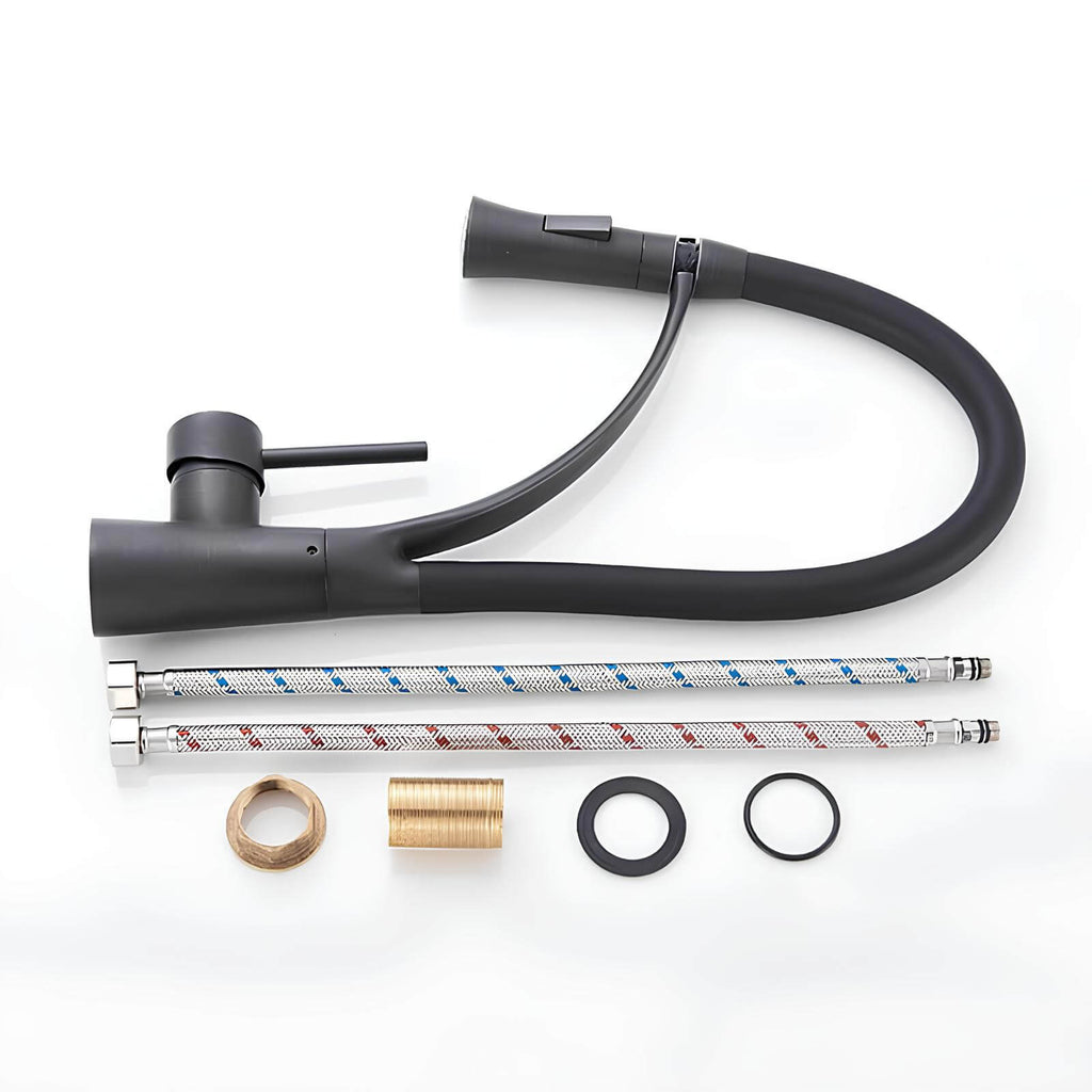 Robinet cuisine en laiton - mitigeur avec douchette extractible et bec orientable - Gris brossé