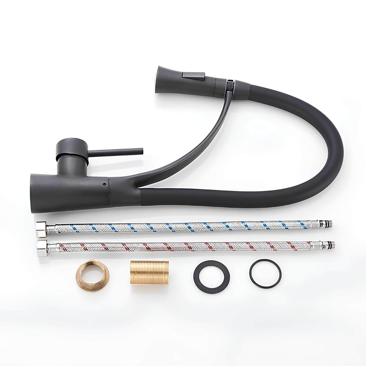 Robinet cuisine en laiton - mitigeur avec douchette extractible et bec orientable - Gris brossé