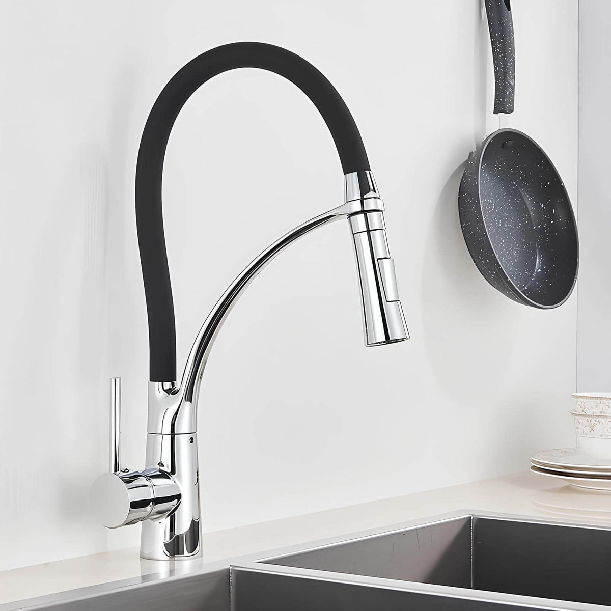 Robinet cuisine en laiton - mitigeur avec douchette extractible et bec orientable - Gris brossé