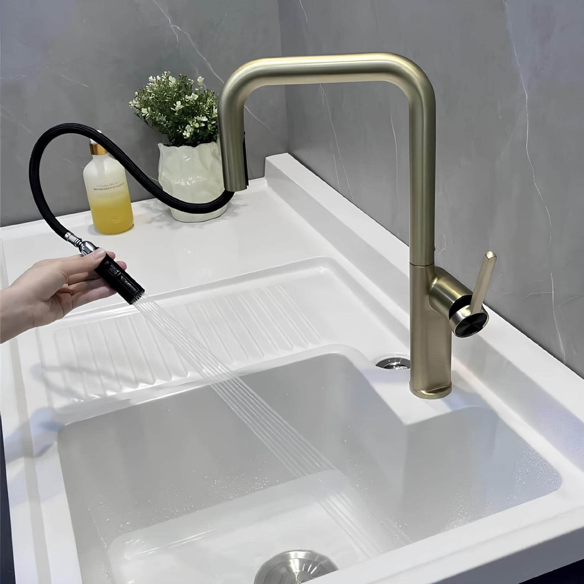 Robinet de cuisine design en laiton - Bec extractible & rotatif - Blanc