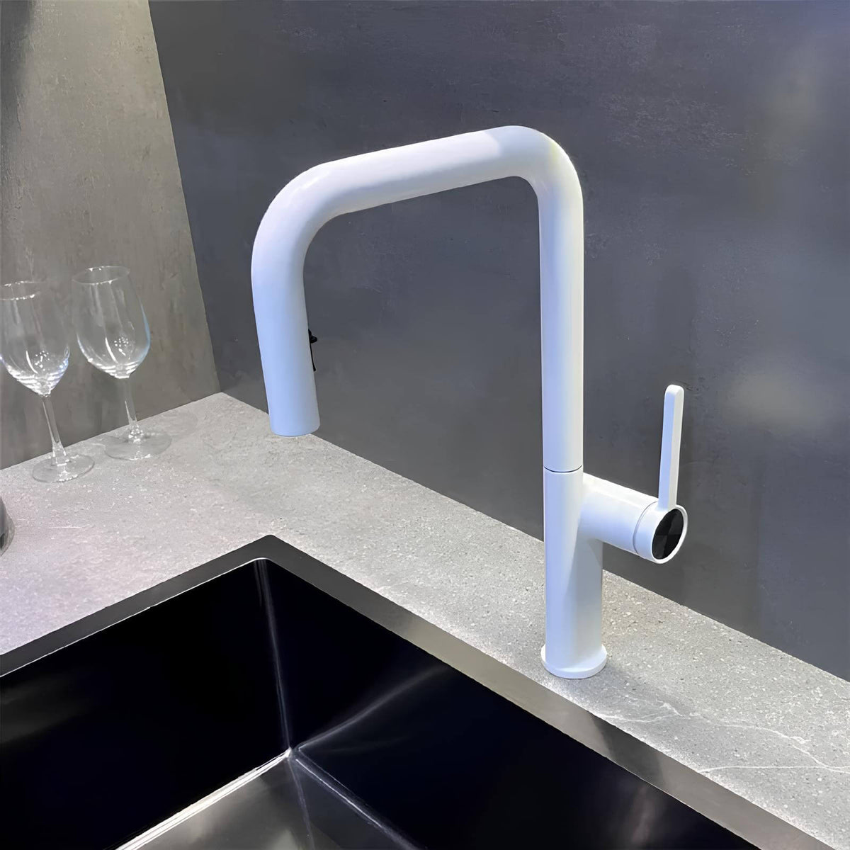 Robinet de cuisine design en laiton - Bec extractible & rotatif - Blanc crème