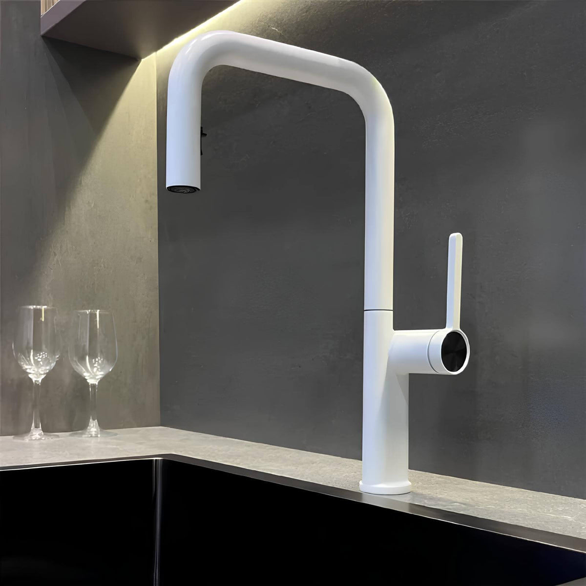 Robinet de cuisine design en laiton - Bec extractible & rotatif - Gris foncé