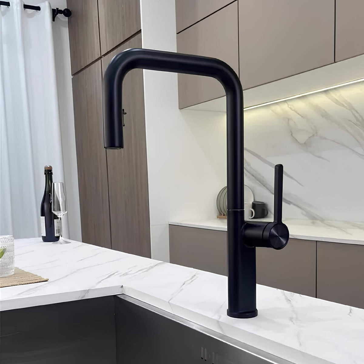 Robinet de cuisine design en laiton - Bec extractible & rotatif - Noir