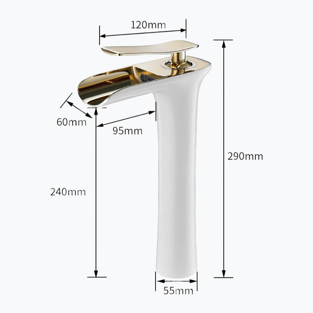 Robinet vasque en laiton - mitigeur à bec cascade, design moderne - Blanc et or