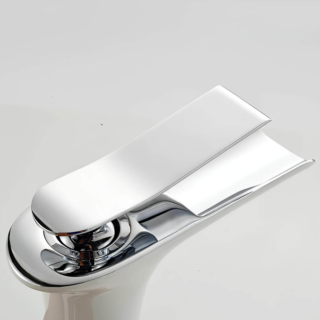Robinet vasque en laiton - mitigeur à bec cascade, design moderne - Blanc et chrome