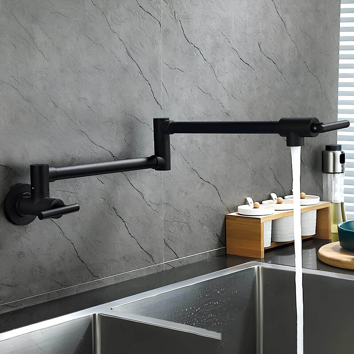 Robinet mural pliable en laiton - eau froide seulement, bec rotatif pour cuisine - Noir