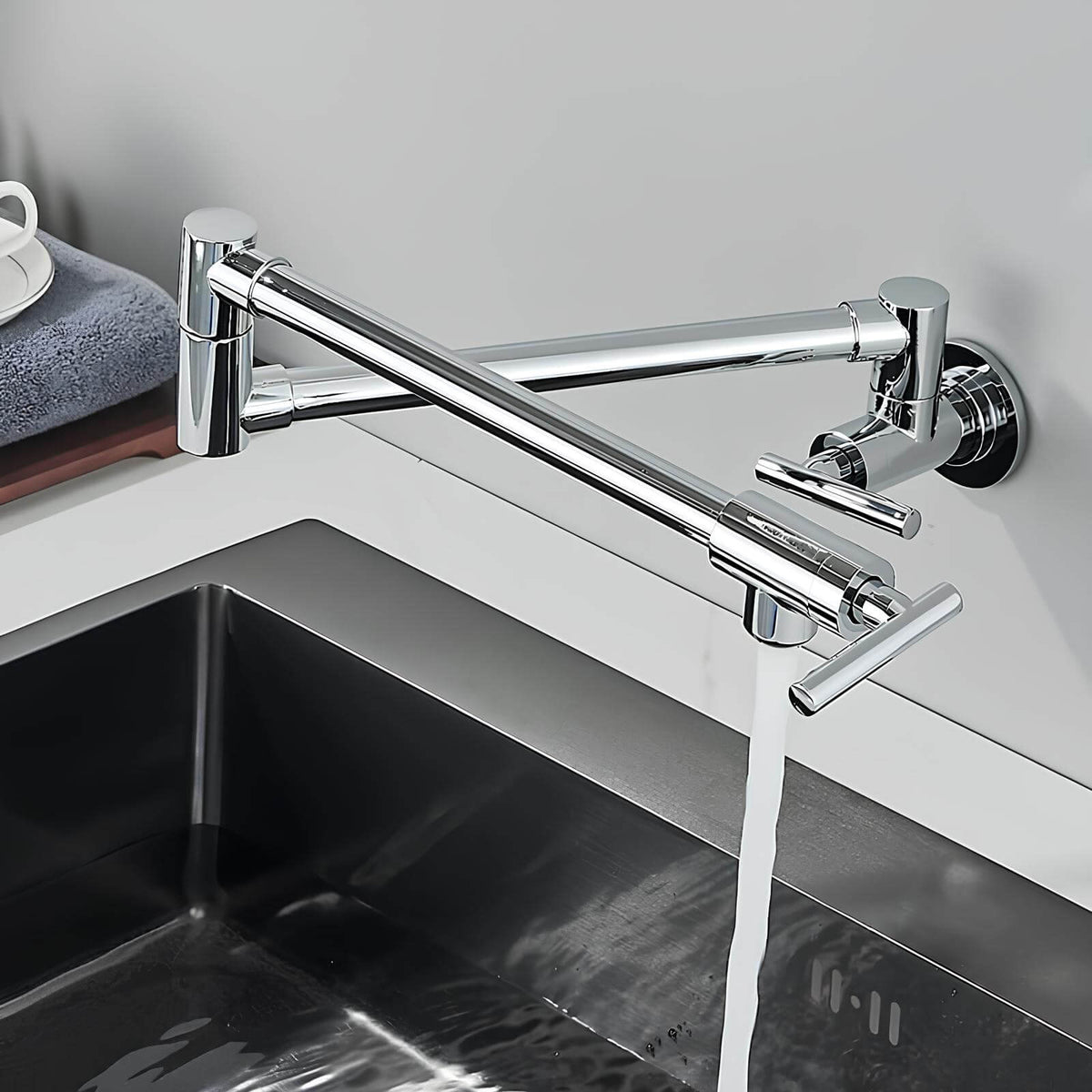 Robinet mural pliable en laiton - eau froide seulement, bec rotatif pour cuisine - Chrome