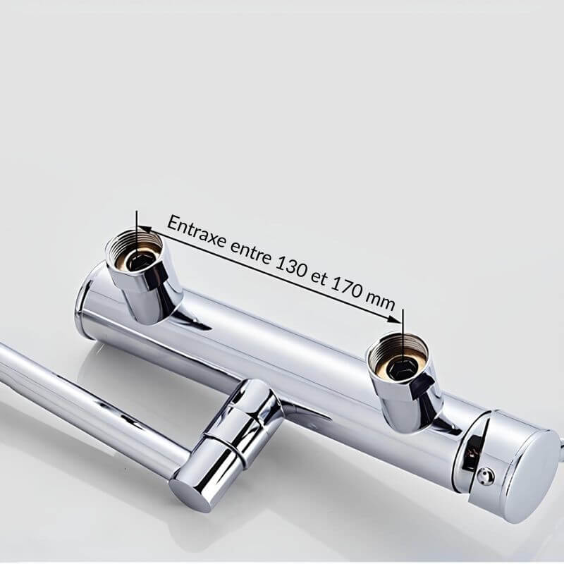 Robinet mural pliable en laiton - mitigeur cuisine 2 trous, bec rotatif 360° - Chrome