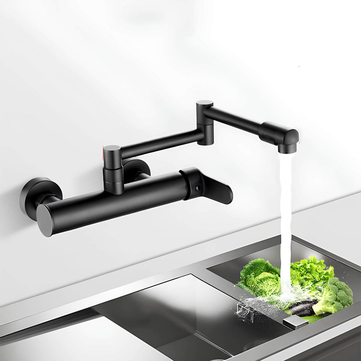 Robinet mural pliable en laiton - mitigeur cuisine 2 trous, bec rotatif 360° - Chrome
