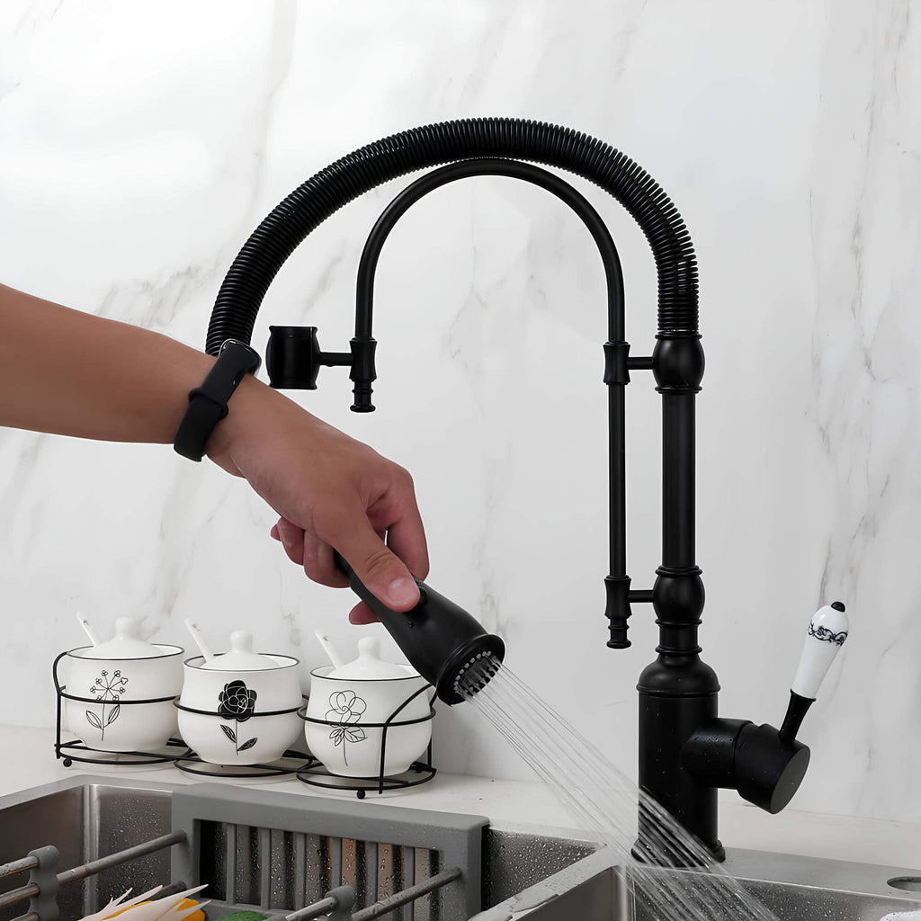 Robinet cuisine douchette - mitigeur en laiton avec ressort flexible et double jet - Or et chrome