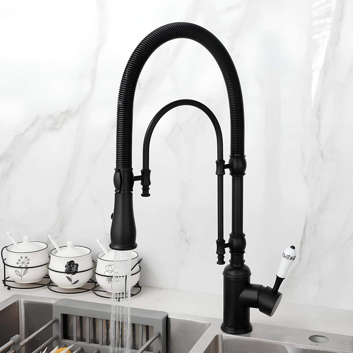 Robinet cuisine douchette - mitigeur en laiton avec ressort flexible et double jet - Or et chrome