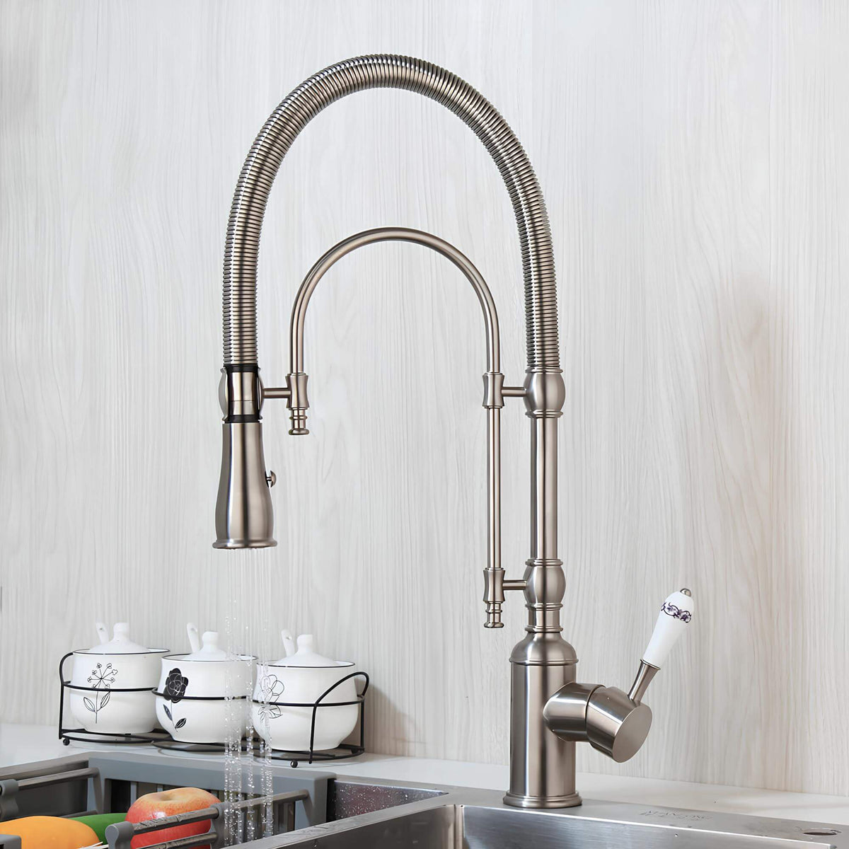 Robinet cuisine douchette - mitigeur en laiton avec ressort flexible et double jet - Gris brossé