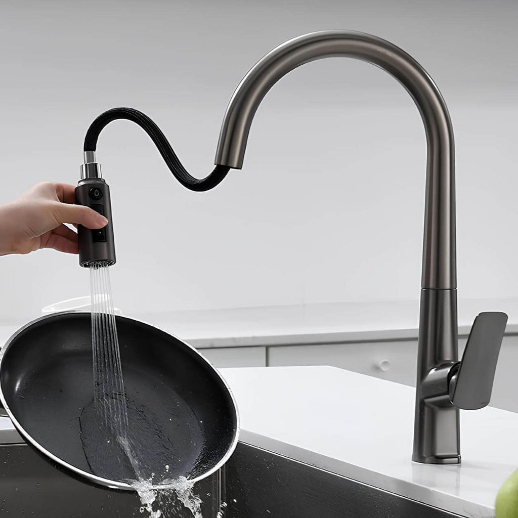Robinet cuisine en laiton - mitigeur avec douchette extractible - Gris brossé