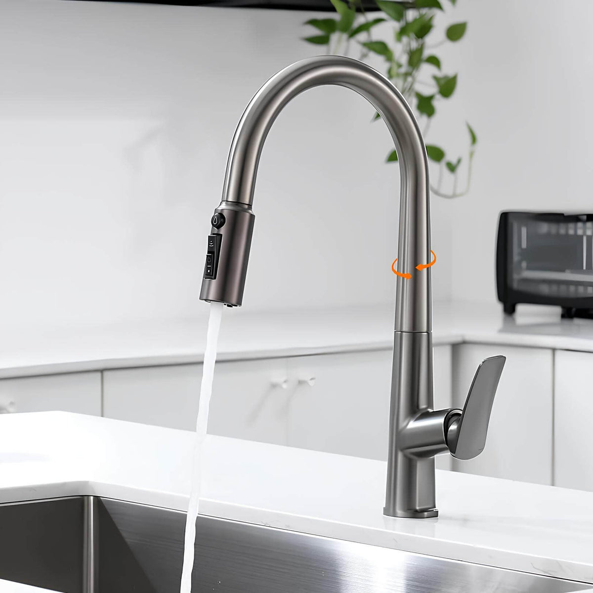 Robinet cuisine en laiton - mitigeur avec douchette extractible - Gris brossé