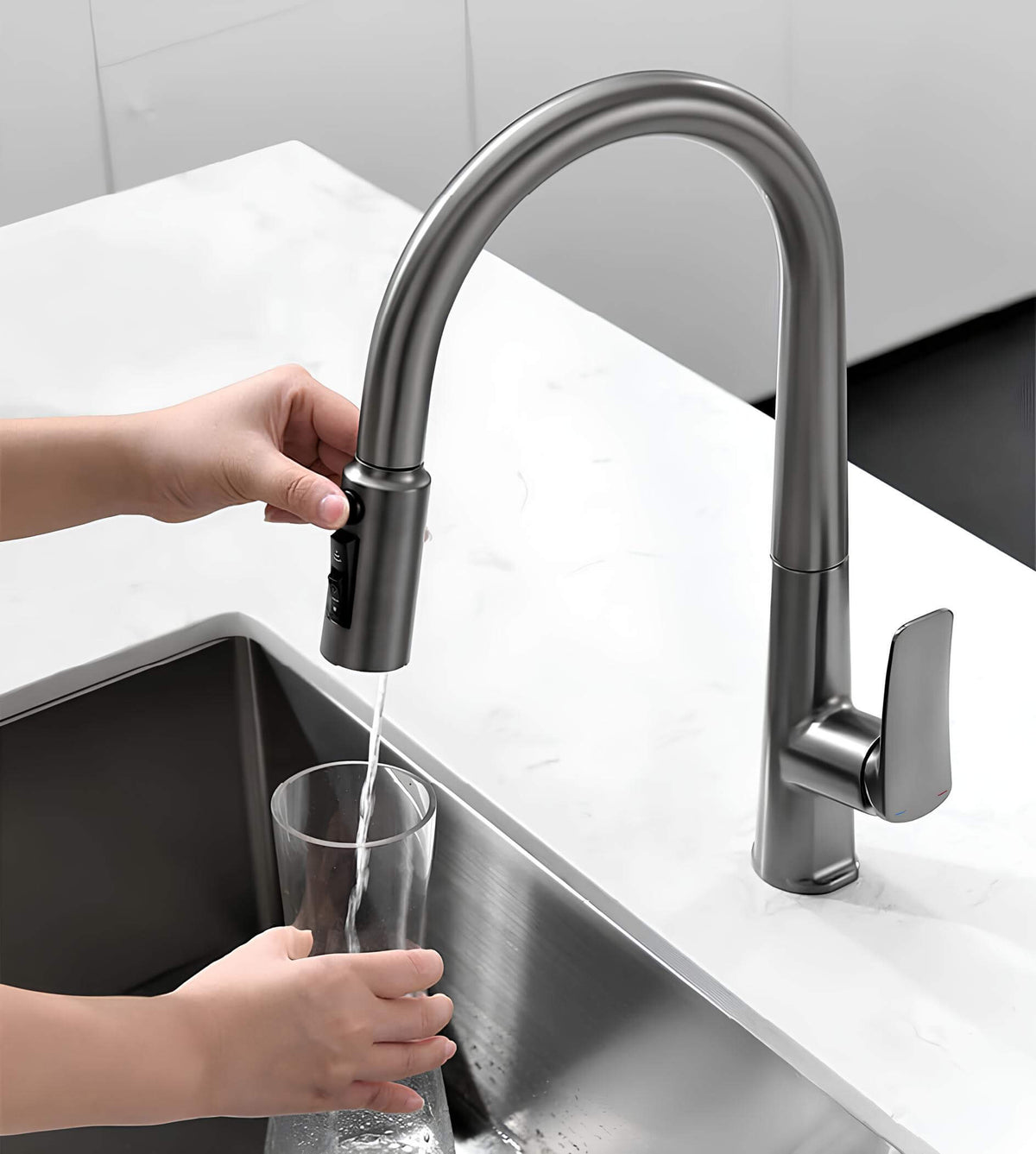 Robinet cuisine en laiton - mitigeur avec douchette extractible - Gris brossé