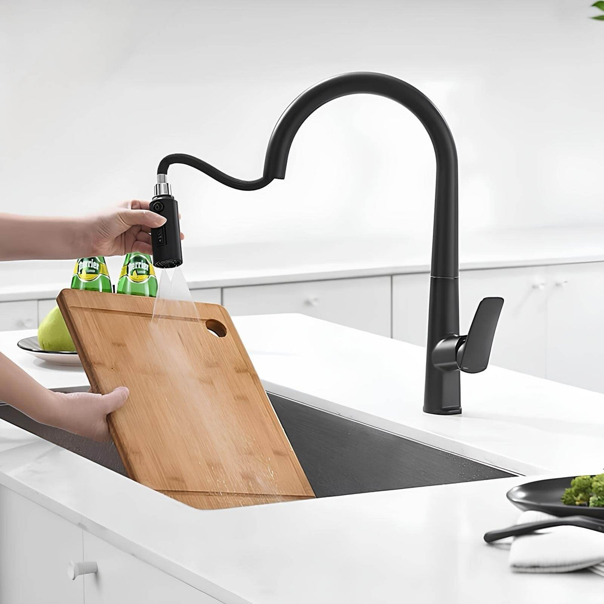 Robinet cuisine en laiton - mitigeur avec douchette extractible - Gris brossé