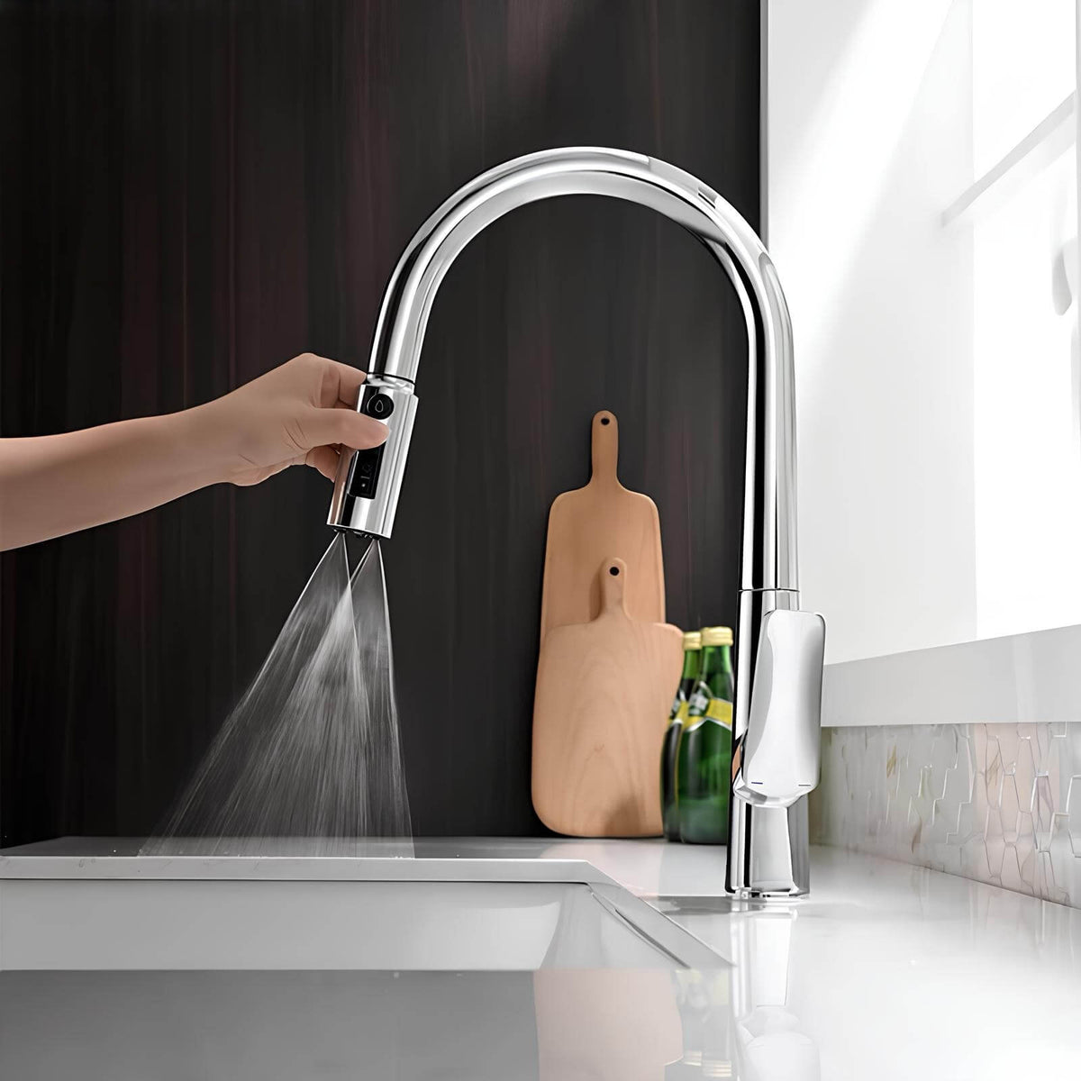 Robinet cuisine en laiton - mitigeur avec douchette extractible - Chrome