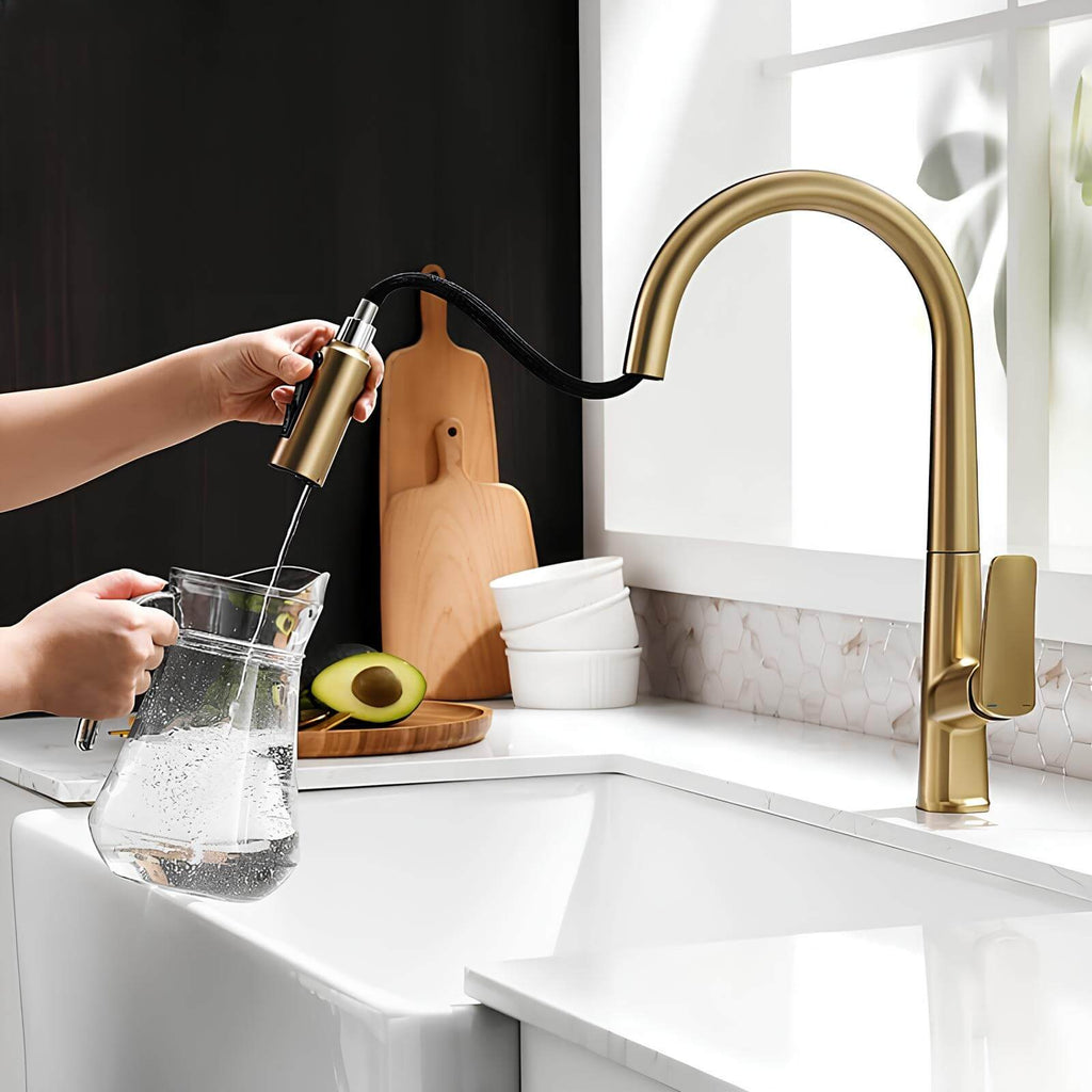 Robinet cuisine en laiton - mitigeur avec douchette extractible - Or