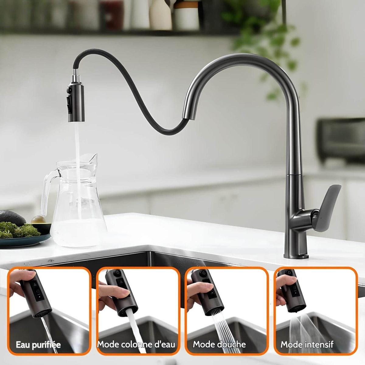Robinet cuisine en laiton - mitigeur avec douchette extractible - Gris brossé