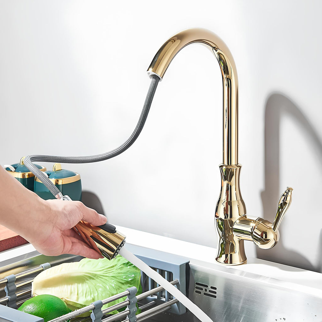 Robinet cuisine en laiton - mitigeur à douchette escamotable et col pivotant - Or