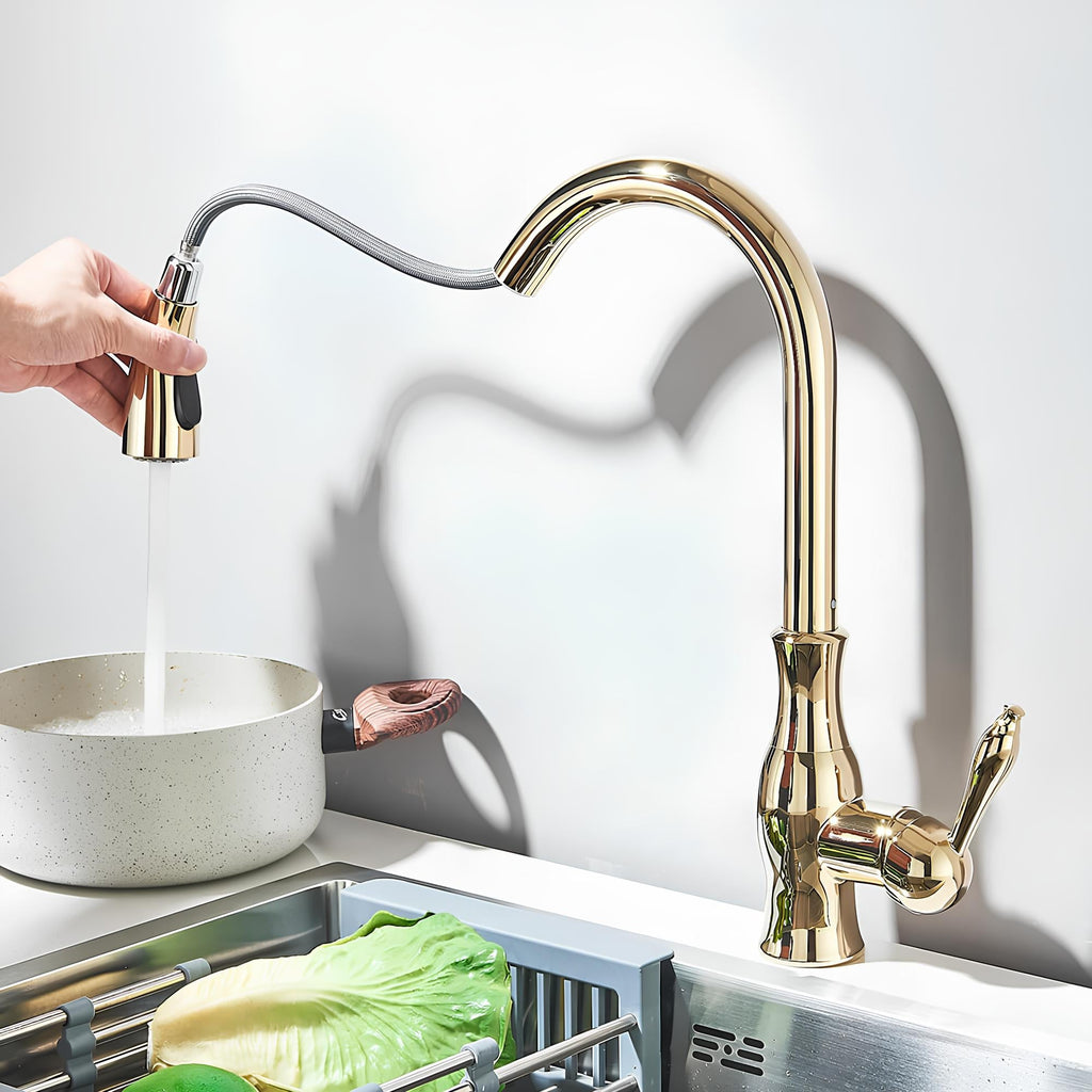 Robinet cuisine en laiton - mitigeur à douchette escamotable et col pivotant - Or