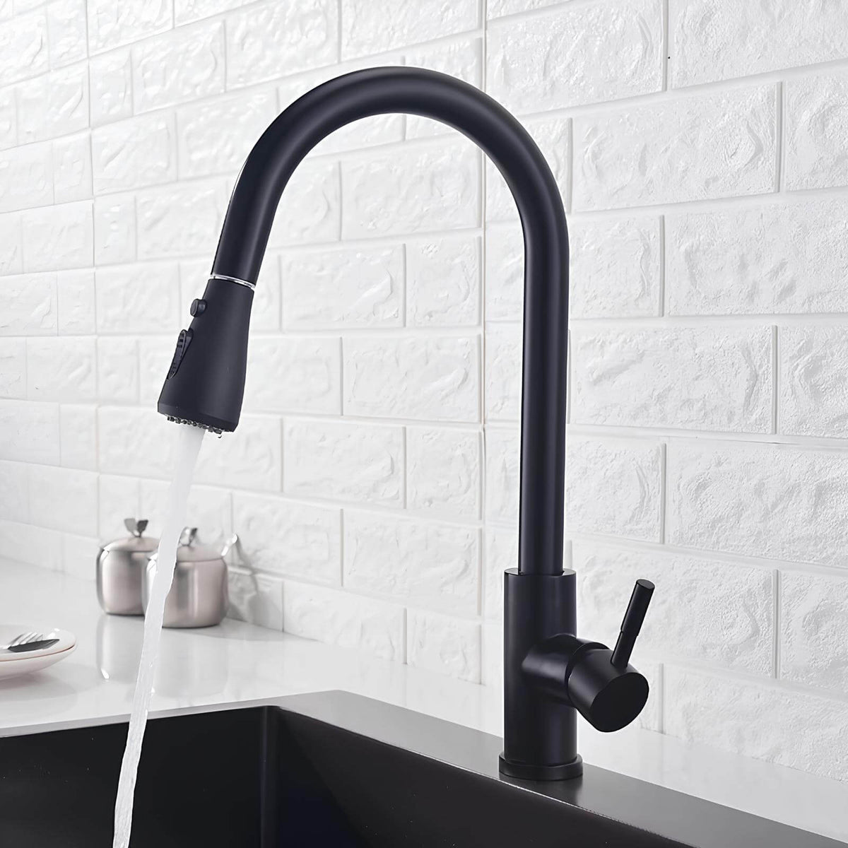 Robinet cuisine en laiton - mitigeur à douchette extractible 2 jets - Noir mat