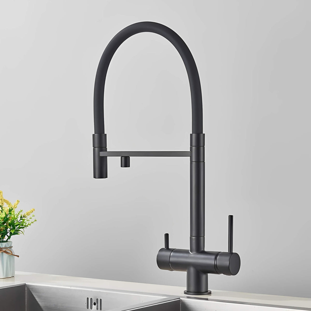 Robinet de cuisine avec douchette et sortie eau filtrée - Noir