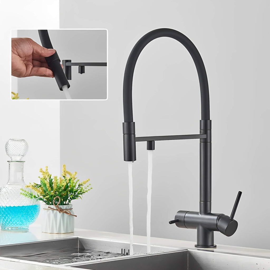 Robinet de cuisine avec douchette et sortie eau filtrée - Noir