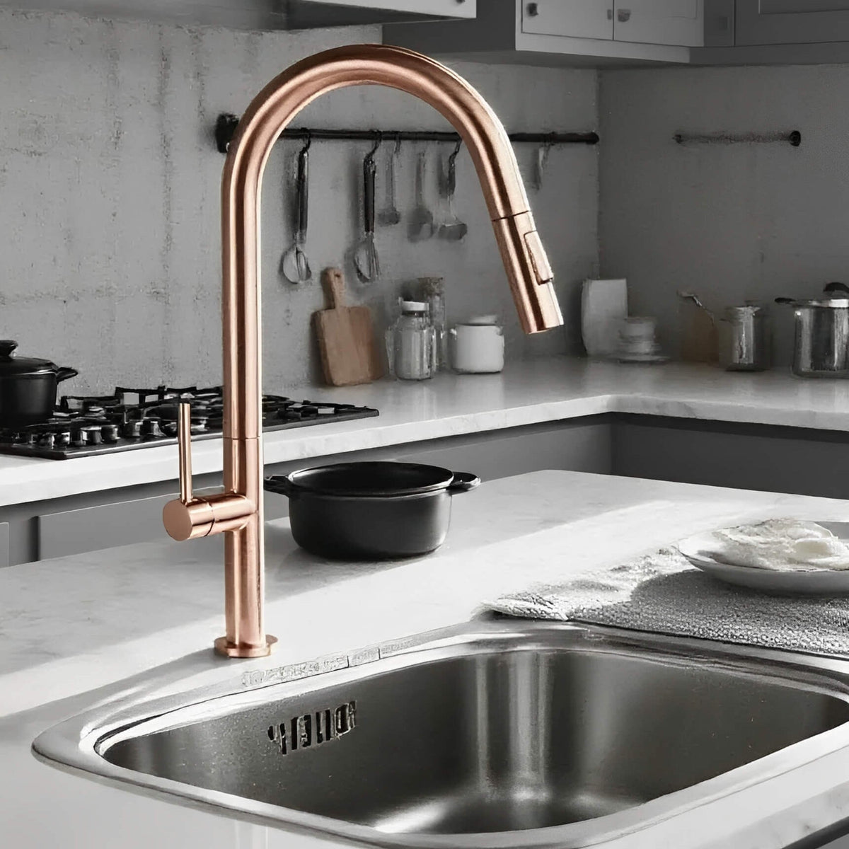 Robinet de cuisine avec douchette extractible design - Or rose brossé