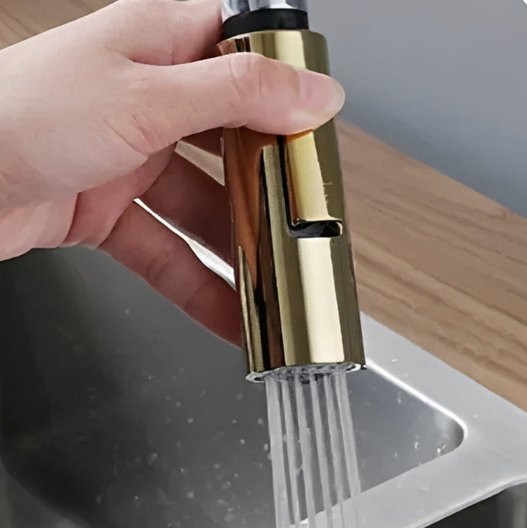 Robinet de cuisine douchette à bec extractible deux jets - Or brossé
