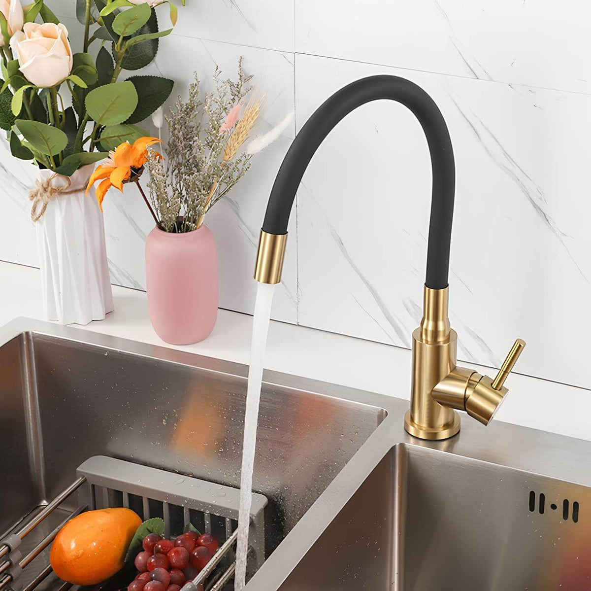 Robinet douchette flexible avec col coloré - Noir-Doré