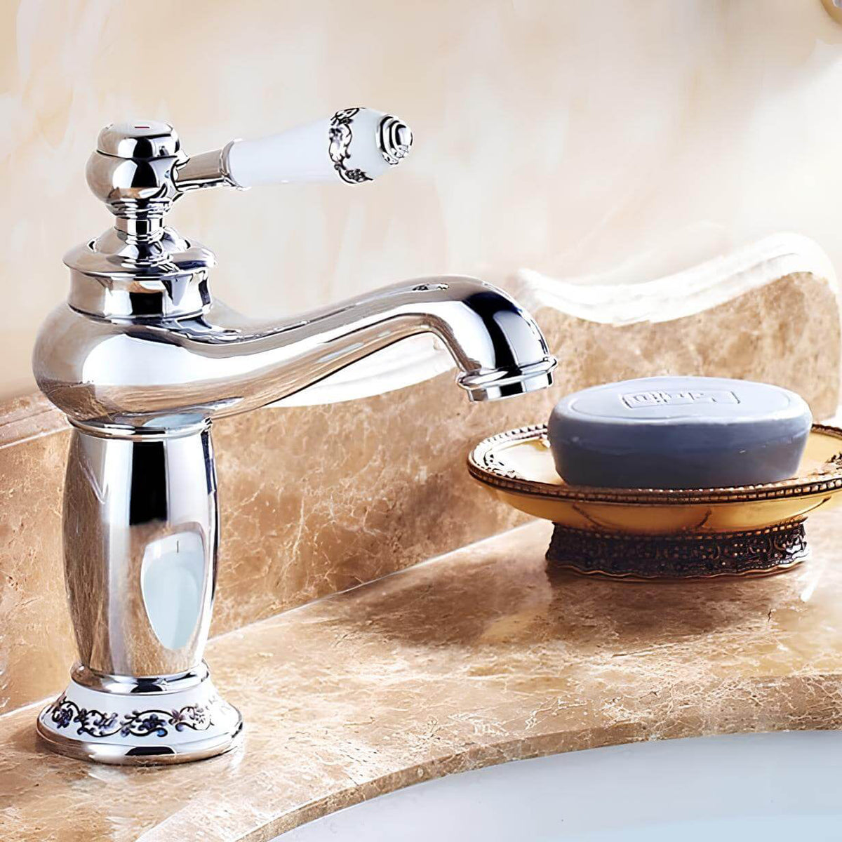 Robinet lavabo en laiton finition antique - Blanc