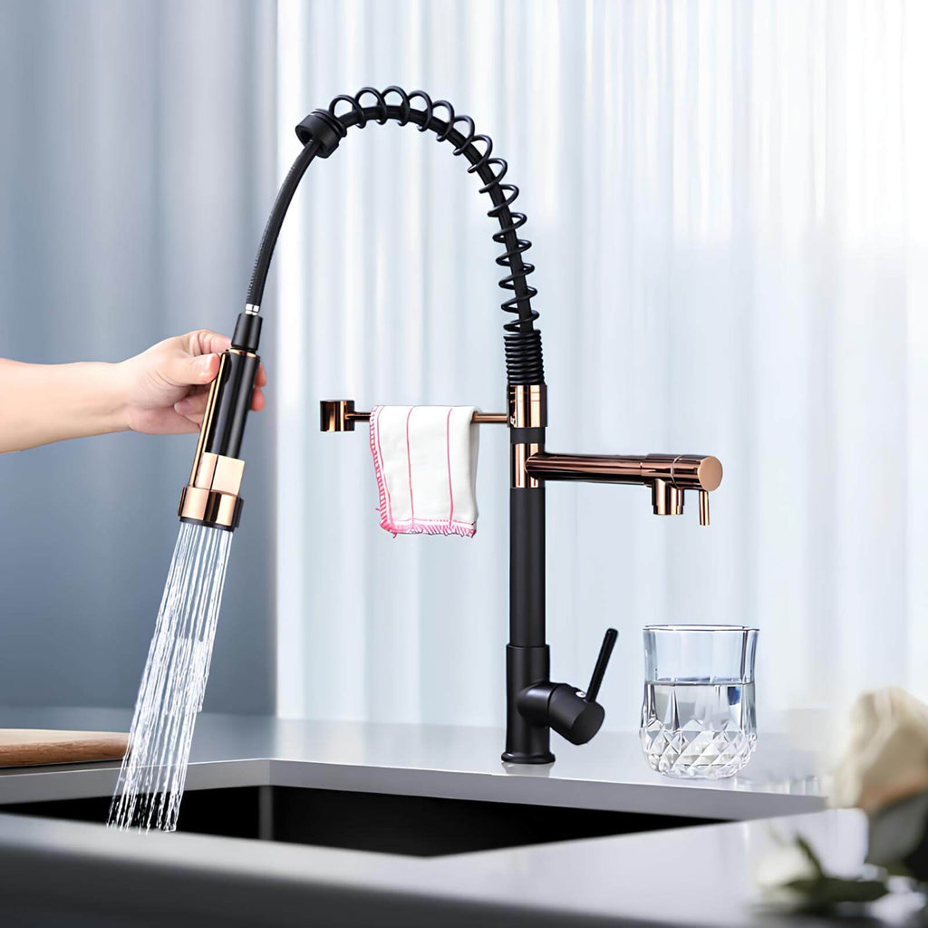 Robinet douchette multifonction - Design industriel - Noir - Or Rose