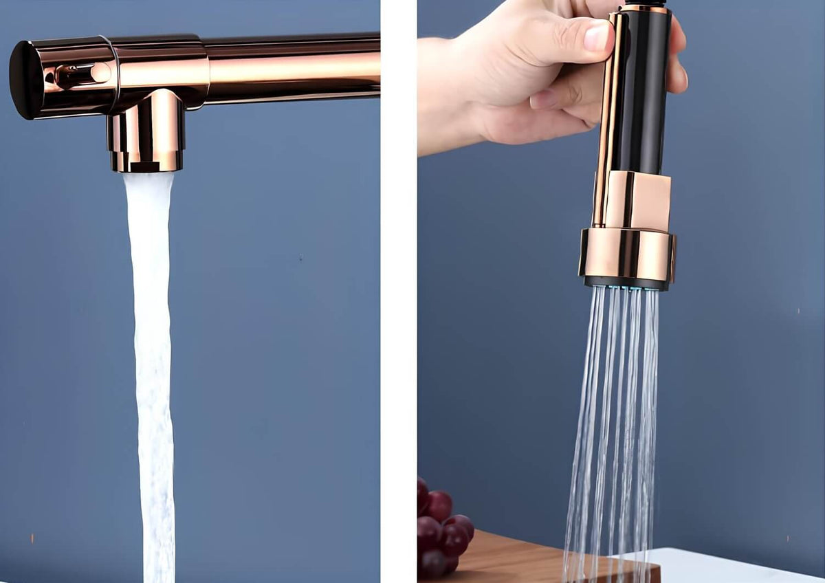 Robinet douchette multifonction - Design industriel - Noir - Or Rose
