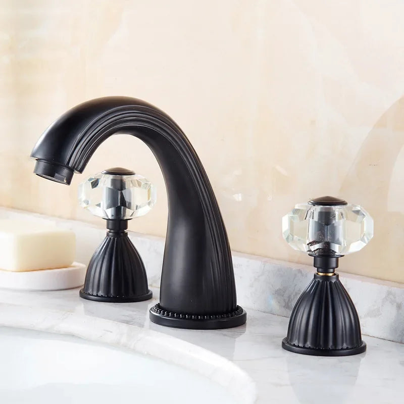 Robinet lavabo à 3 trous- Poignées cristal - Noir