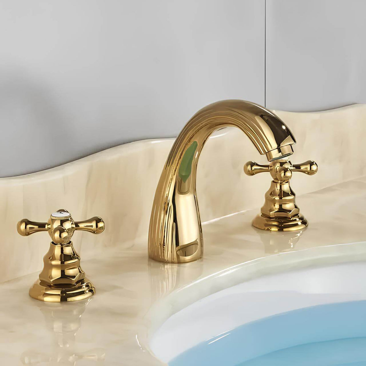 Robinet lavabo antique- 3 trous - Poignées croisées - Or brossé