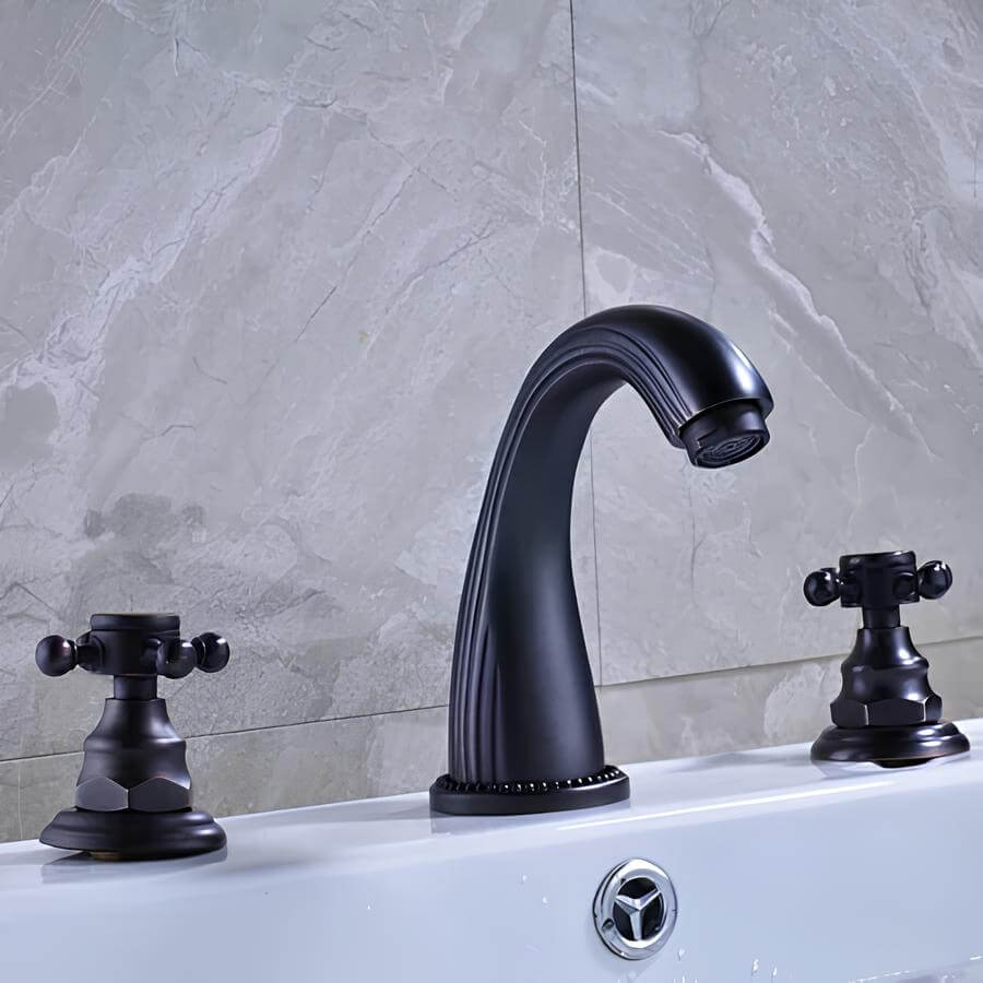 Robinet lavabo antique- 3 trous - Poignées croisées - Noir