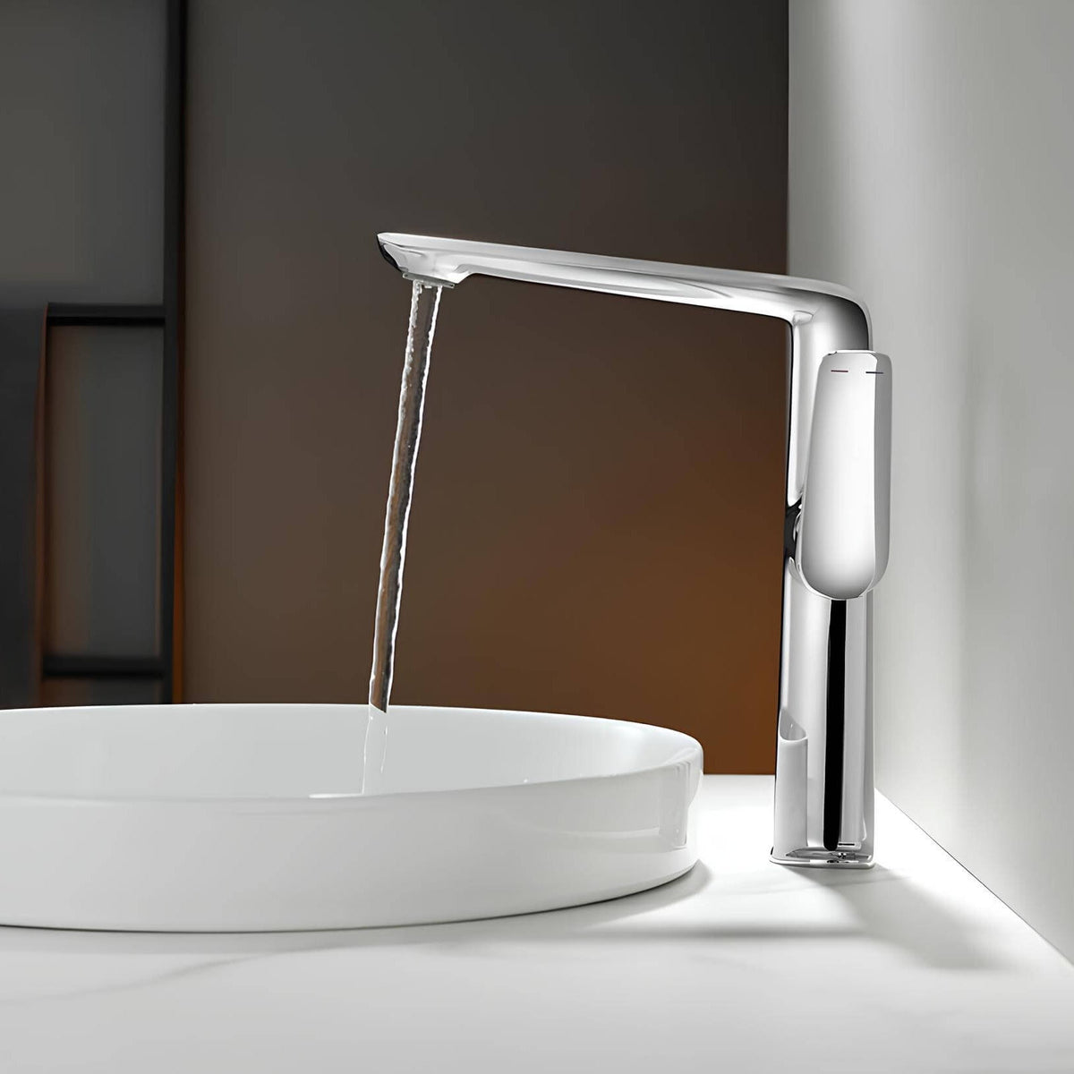 Robinet lavabo haut - mitigeur design à bec allongé - Gris brossé