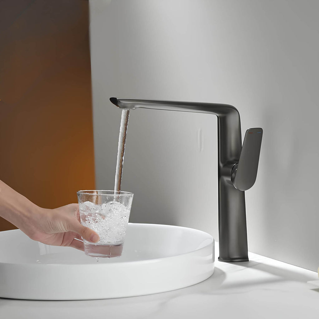 Robinet lavabo haut - mitigeur design à bec allongé - Gris mat