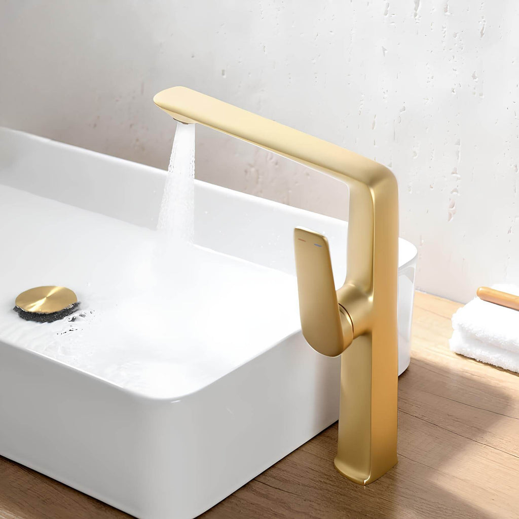 Robinet lavabo haut - mitigeur design à bec allongé - Or brossé