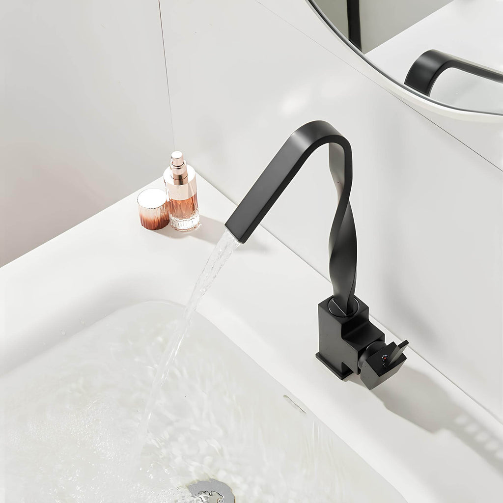 Robinet lavabo mitigeur en laiton - bec rotatif 360°, design contemporain - Or