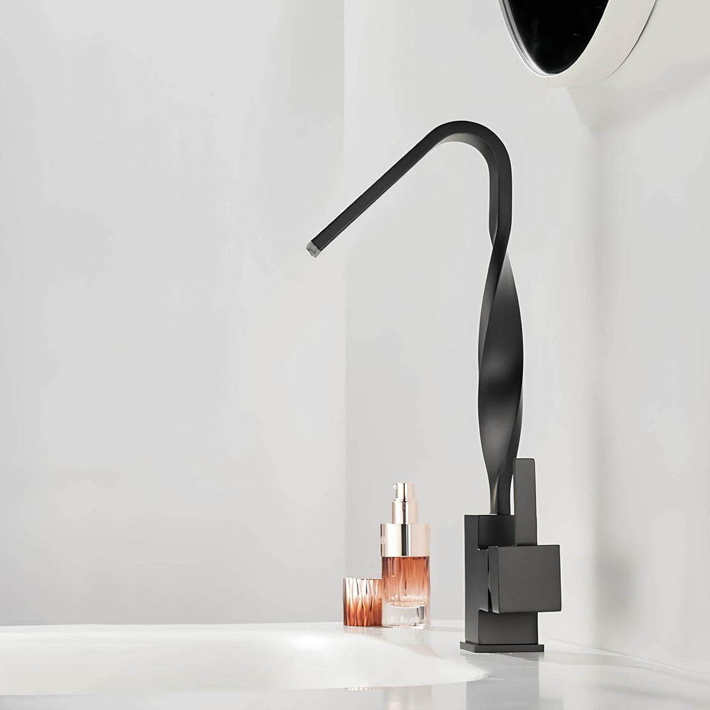 Robinet lavabo mitigeur en laiton - bec rotatif 360°, design contemporain - Noir