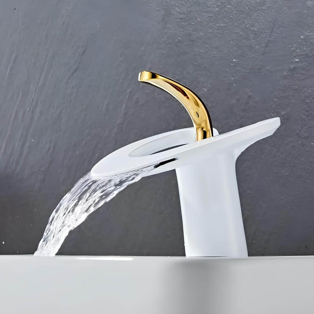 Robinet lavabo mitigeur en laiton - style contemporain silencieux - Blanc et or