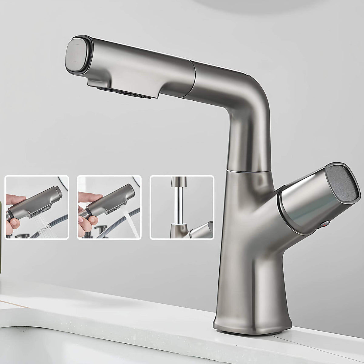 Robinet lavabo orientable avec douchette - Blanc